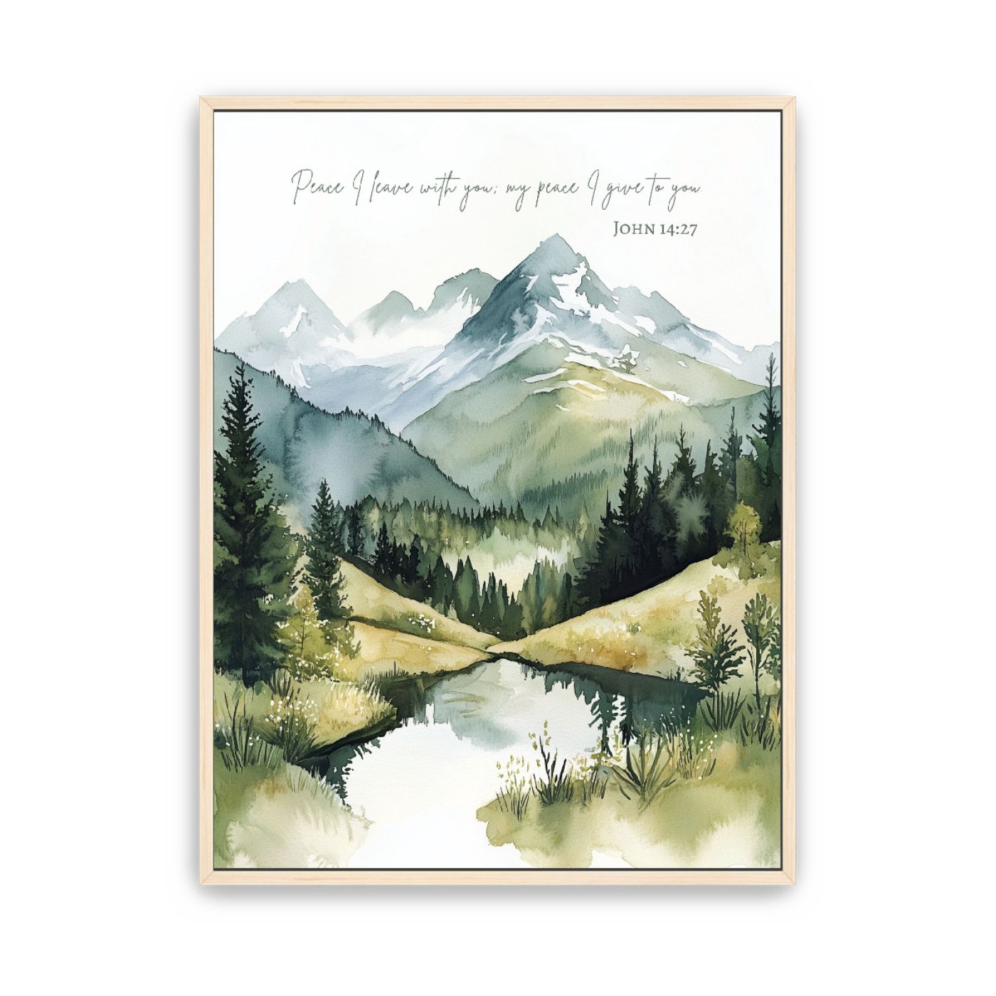 Close-up of watercolor mountain stream canvas art with John 14:27 verse, symbolizing Christ’s peace and comfort.