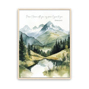 Close-up of watercolor mountain stream canvas art with John 14:27 verse, symbolizing Christ’s peace and comfort.