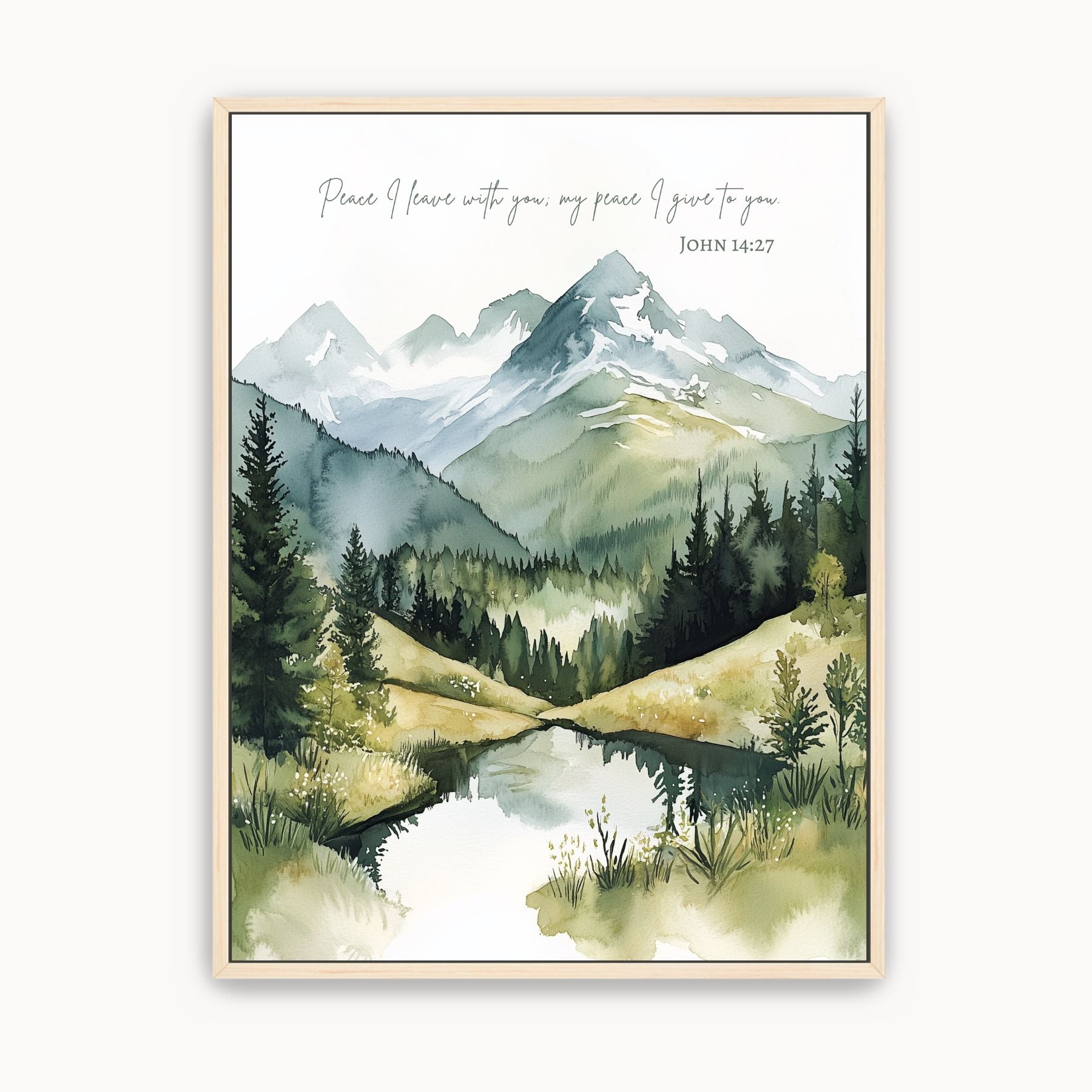 Close-up of watercolor mountain stream canvas art with John 14:27 verse, symbolizing Christ’s peace and comfort.