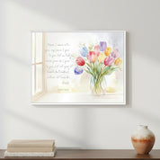 Christian wall art featuring watercolor tulips and John 14:27 scripture — “Peace I leave with you; my peace I give to you,” a gentle reminder of Christ’s peace.