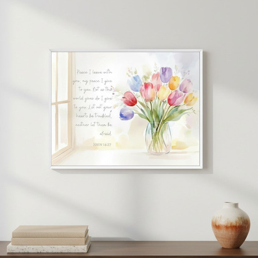 Christian wall art featuring watercolor tulips and John 14:27 scripture — “Peace I leave with you; my peace I give to you,” a gentle reminder of Christ’s peace.