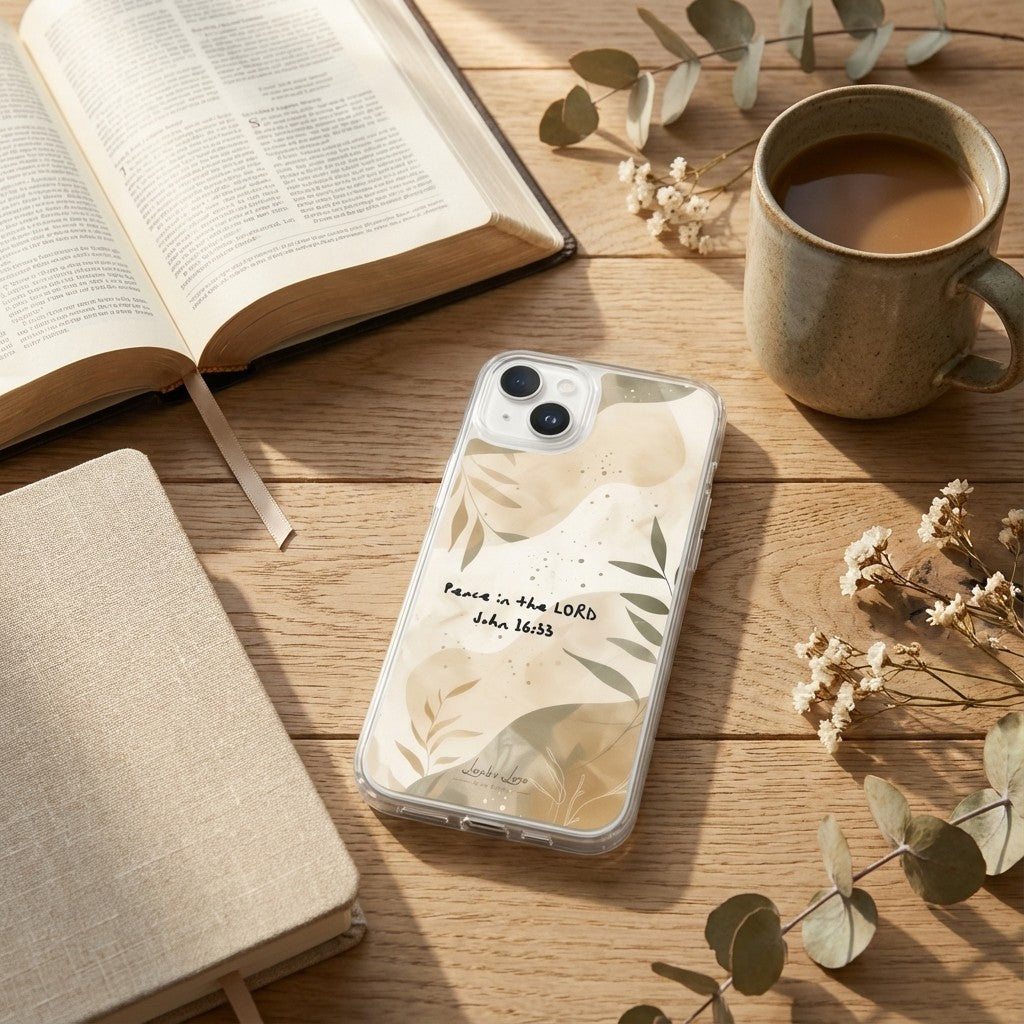 Aesthetic John 16:33 'Peace in the LORD' iPhone case with neutral botanical design, styled on a wooden table with a ceramic coffee mug, an open Bible, and dried eucalyptus branches