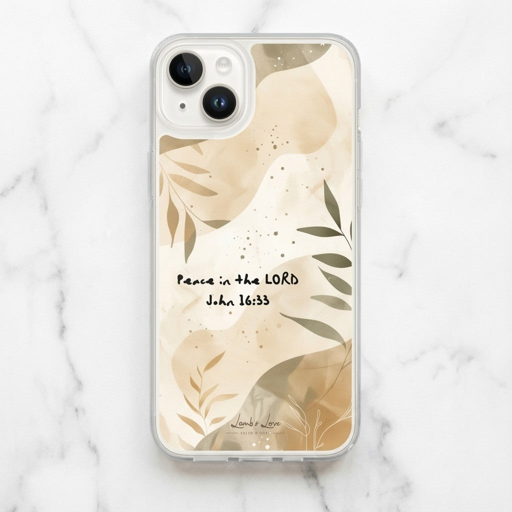 Neutral botanical Christian iPhone case with 'Peace in the LORD John 16:33' text, featuring tan watercolor leaves on a white marble background.
