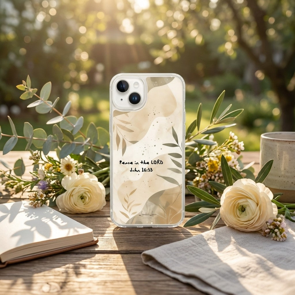 Aesthetic John 16:33 'Peace in the LORD' iPhone case with neutral botanical leaves, styled on a rustic wooden table with white ranunculus flowers, an open book, and soft morning sunlight