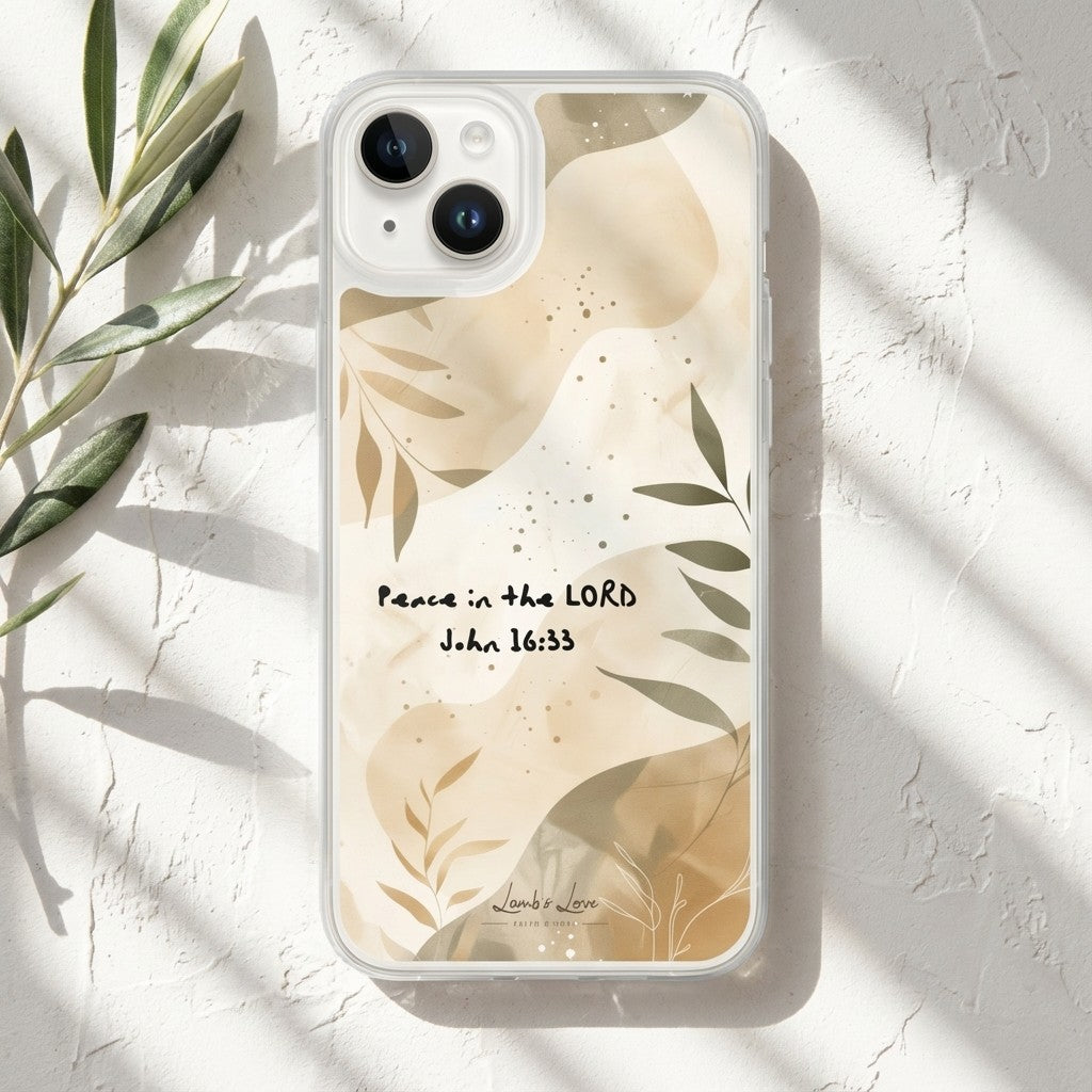 John 16:33 'Peace in the LORD' Christian iPhone case with neutral tan botanical leaves and watercolor shapes, styled with sun-drenched shadows and an olive branch.