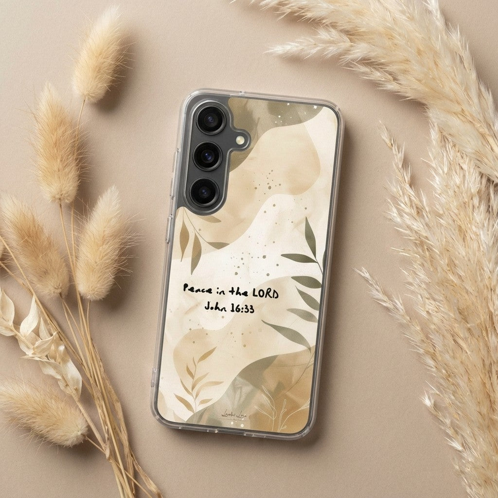 Christian Phone case with floral design and text on a beige surface with dried grasses
