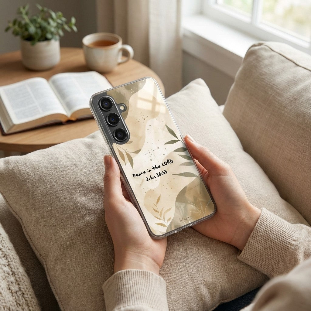 Person holding a Samsung phone with a nature-themed case on a cozy living room couch.
