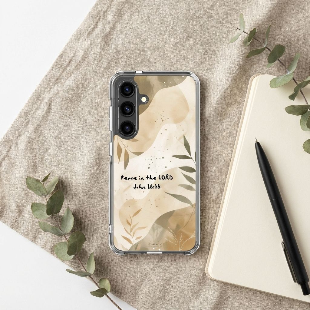 Samsung Christian Phone case with floral design and text on a beige fabric background