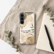 Samsung Christian Phone case with floral design and text on a beige fabric background