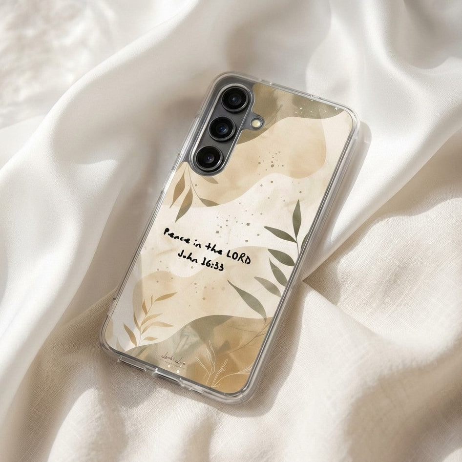 Christian Samsung Galaxy Phone case with leaf design and text on a white fabric background