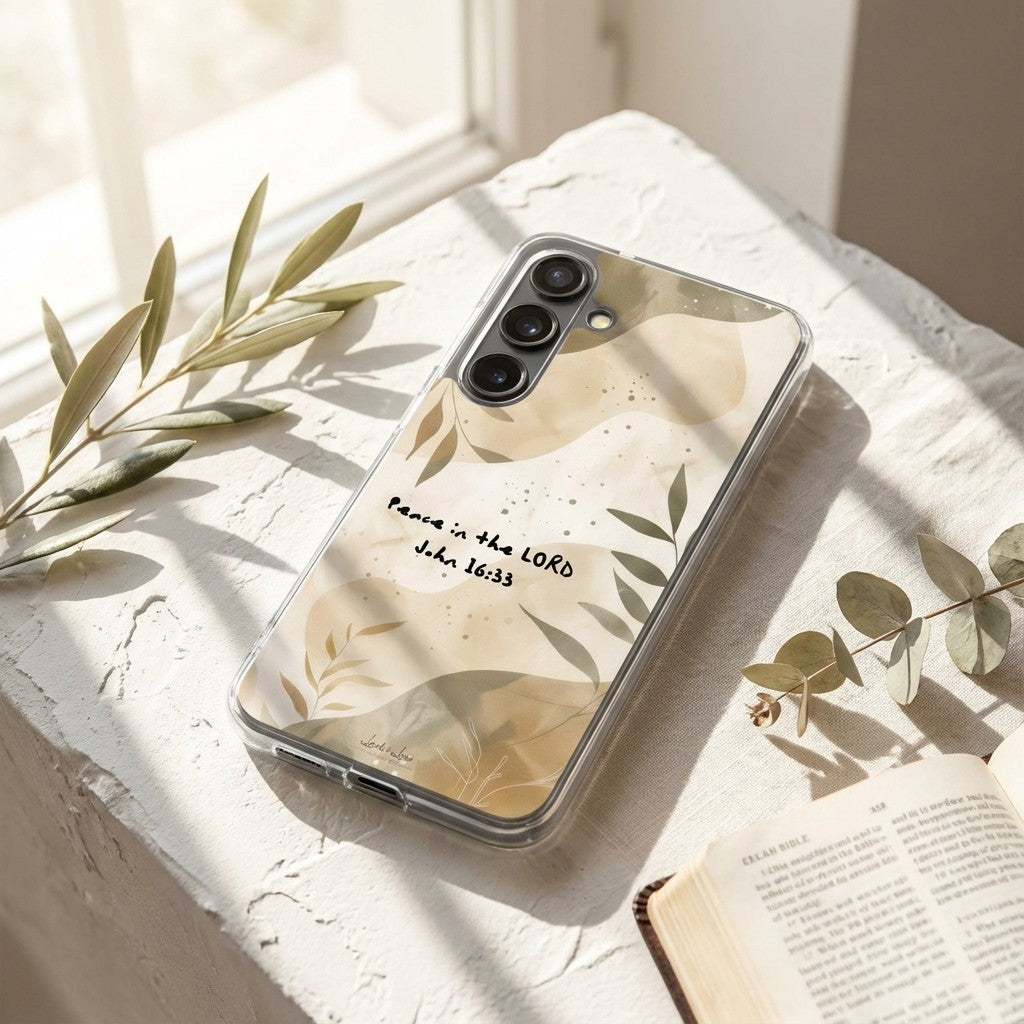 Christian Samsung Phone case with nature design and text on a light surface with leaves and an open book.