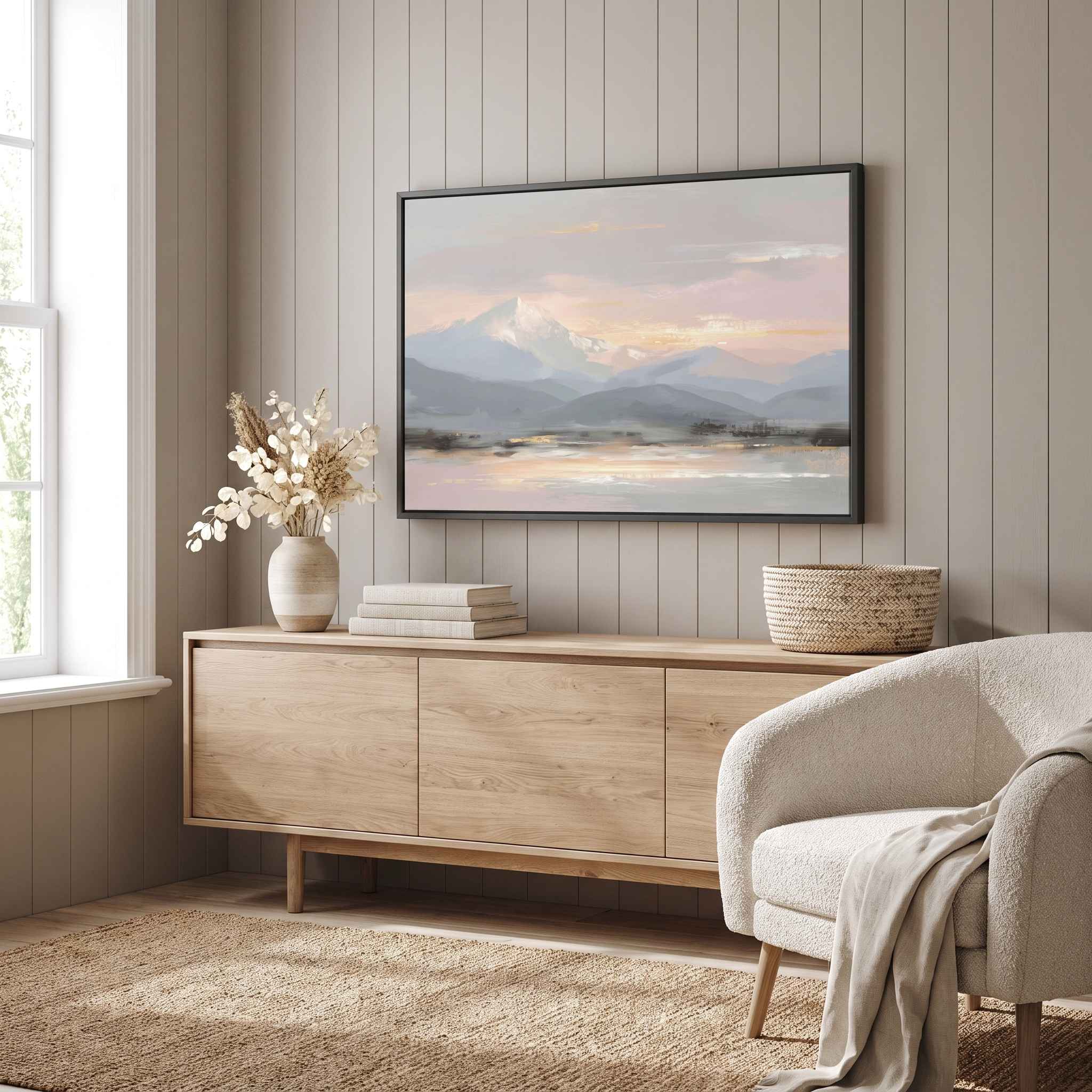 Framed Peace in the Mountains Christian landscape art showing watercolor snow-capped peaks above a calm lake at sunset, styled over a light wood sideboard in a living room.