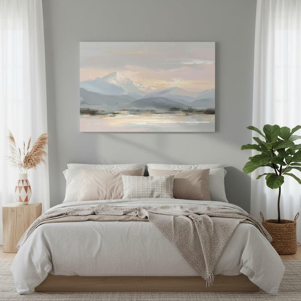 Peace in the Mountains landscape wall art print displayed above a bed, adding serene and calming tones to the bedroom decor.