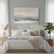 Peace in the Mountains landscape wall art print displayed above a bed, adding serene and calming tones to the bedroom decor.