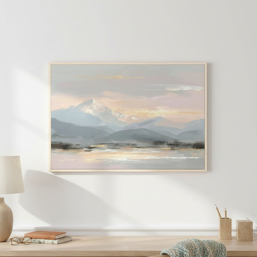 Peace in the Mountains watercolor landscape wall art featuring soft blush, blue, and gold tones in a framed canvas above a console table.