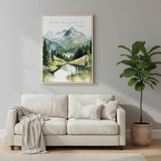 Peaceful mountain Christian wall art featuring “Peace I Leave with You” verse, displayed above a cozy couch with houseplants.