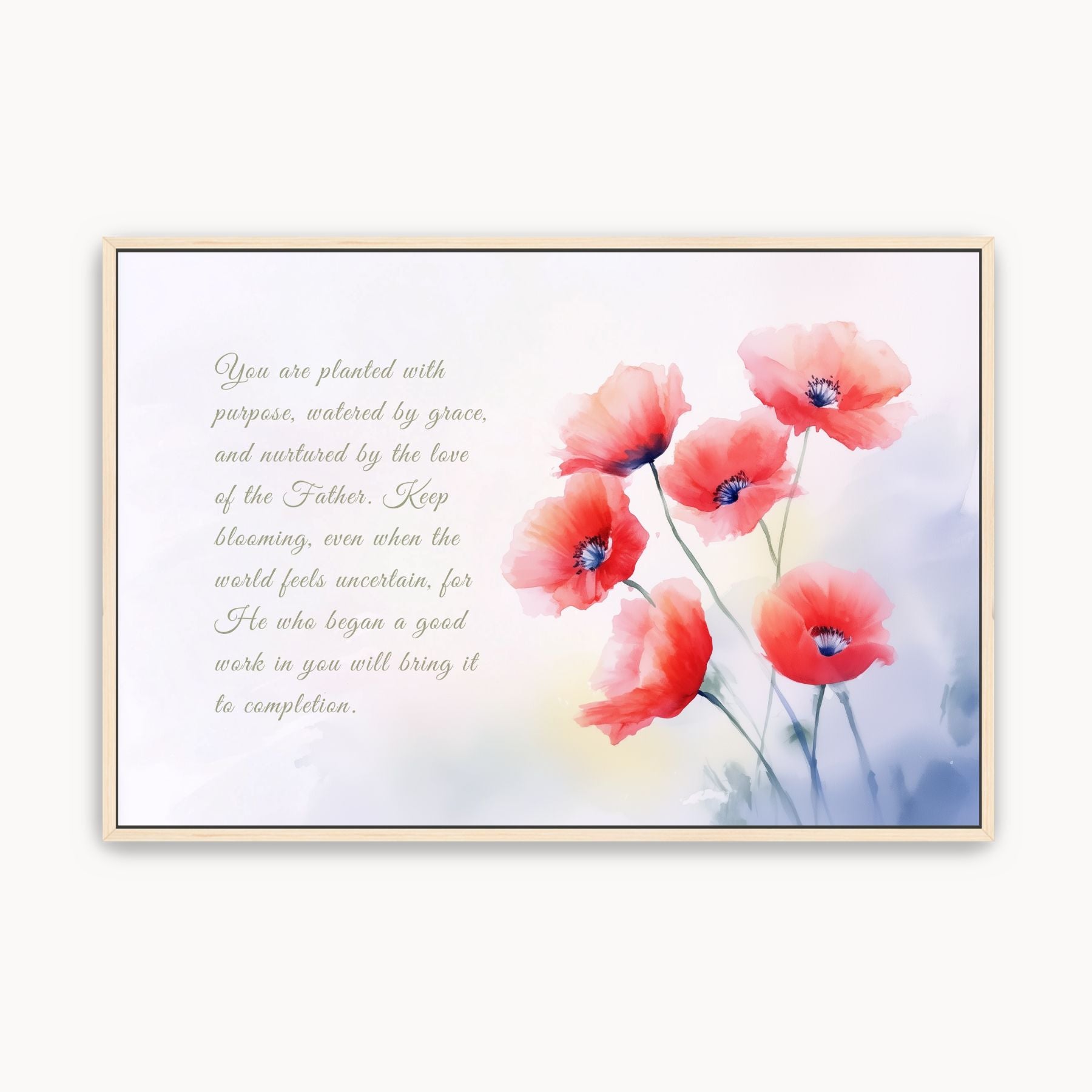 Philippians 1:6 Christian wall art with watercolor red poppies and the verse ‘He who began a good work in you will bring it to completion,’ in a horizontal wood frame.