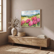 Framed Philippians 4:4 watercolor hydrangea landscape wall art above a wooden console in a warm neutral entryway.
