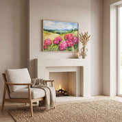 Framed Philippians 4:4 pink hydrangea landscape wall art above a white fireplace in a warm Scandinavian style living room.