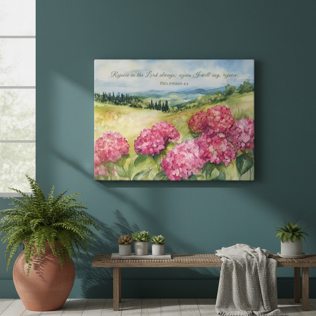 hristian wall art canvas with Philippians 4:4 Bible verse, watercolor hydrangea flowers and meadow, displayed on a teal wall above a wooden bench with plants.