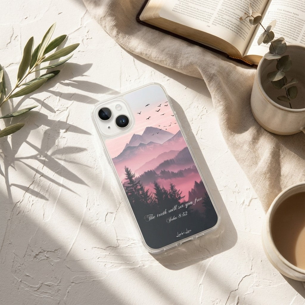 John 8:32 Christian MagSafe iPhone case featuring a pink and purple mountain landscape with birds, displayed on a textured white surface next to an open Bible and olive branches.