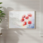 Framed red poppy Christian wall art with inspirational text reminding believers they are planted with purpose and sustained by God’s grace.