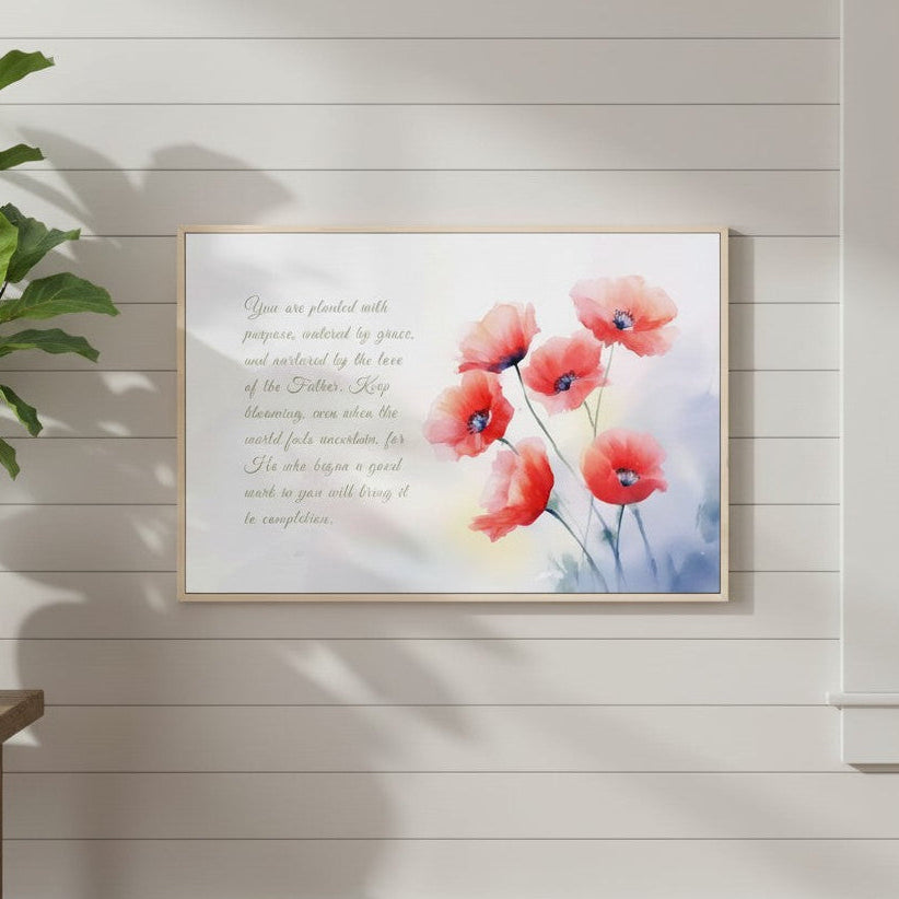 Framed red poppy Christian wall art with inspirational text reminding believers they are planted with purpose and sustained by God’s grace.