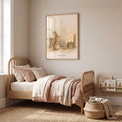 Framed Pray Always praying bunny Christian kids wall art above a wooden bed with blush and cream bedding, beside books and a woven basket.