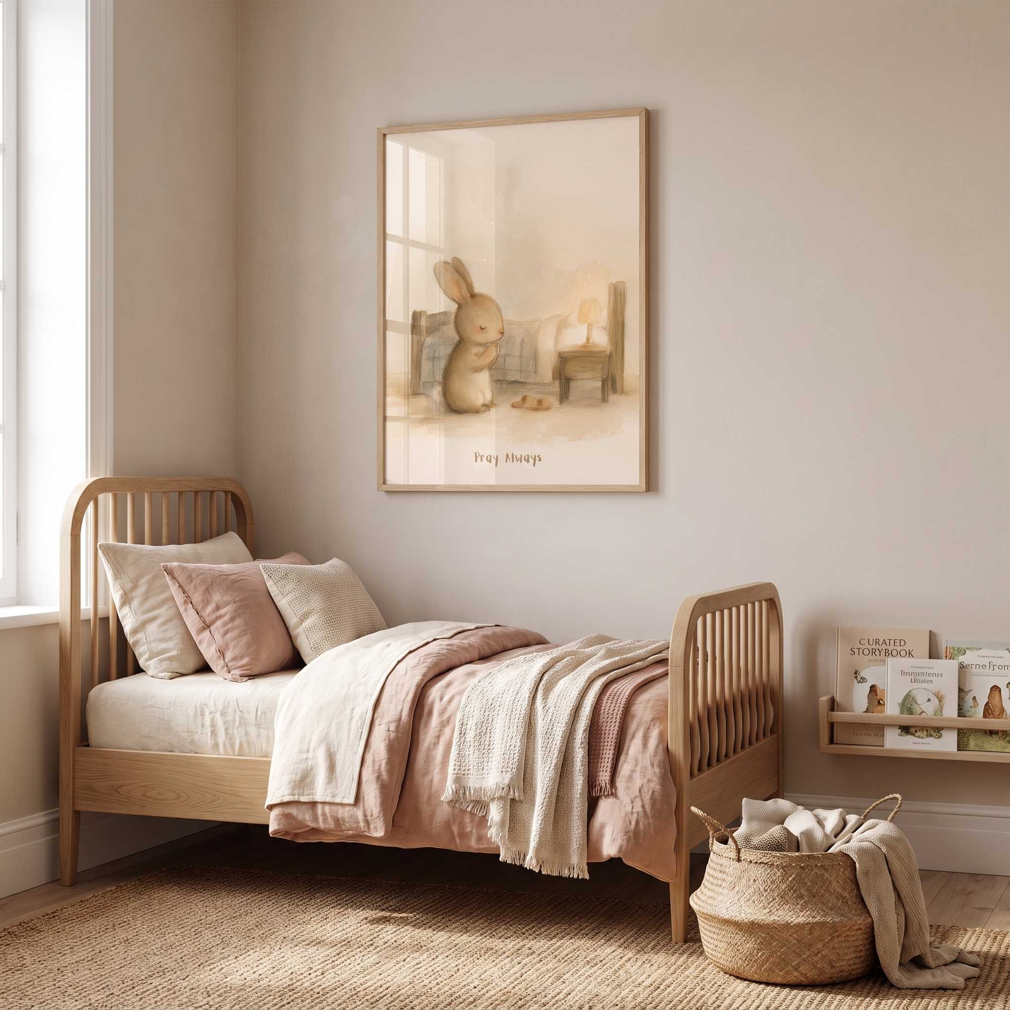Framed Pray Always praying bunny Christian kids wall art above a wooden bed with blush and cream bedding, beside books and a woven basket.