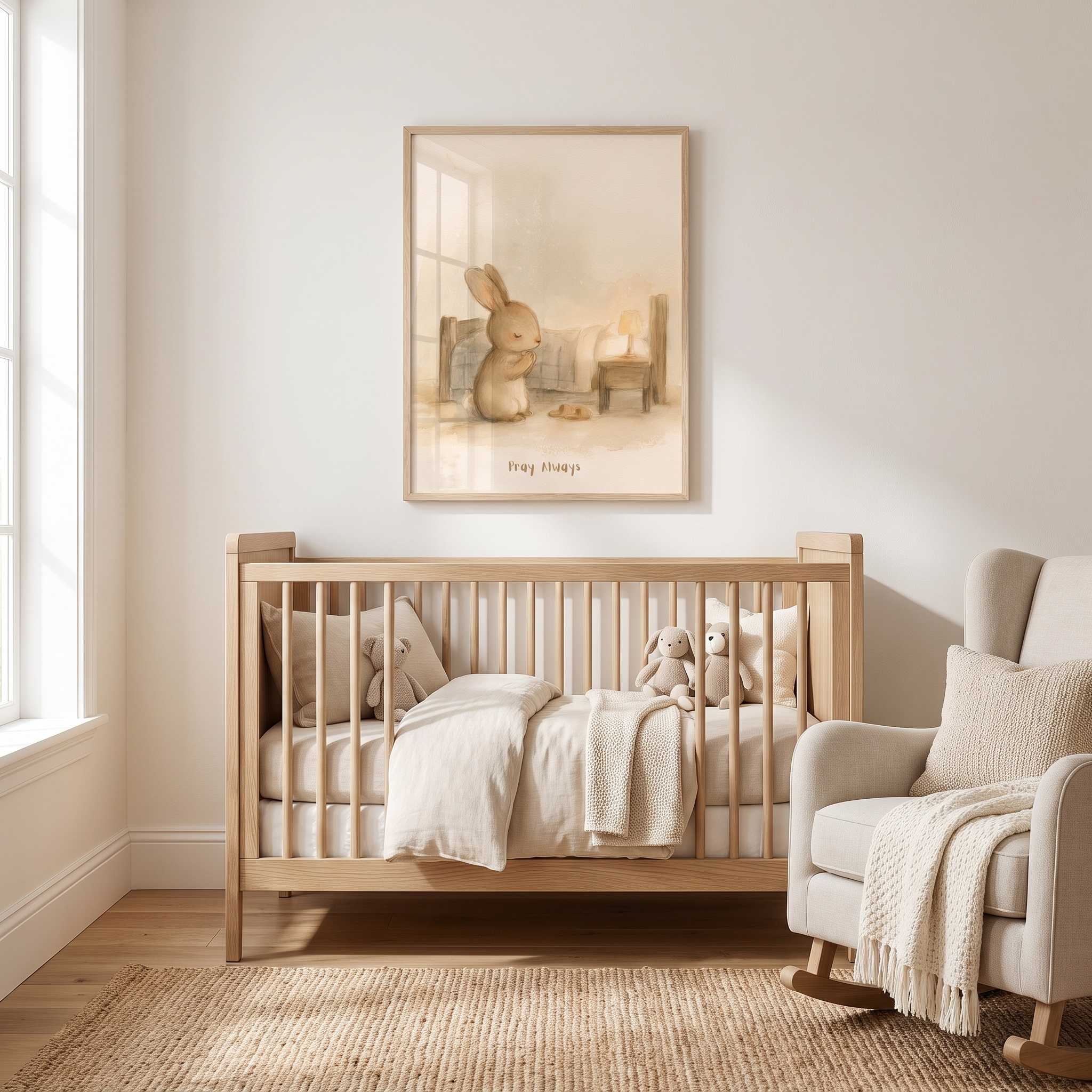 Framed Pray Always praying bunny Christian nursery wall art above a wooden crib, with cream bedding and a rocking chair in a bright neutral baby room.