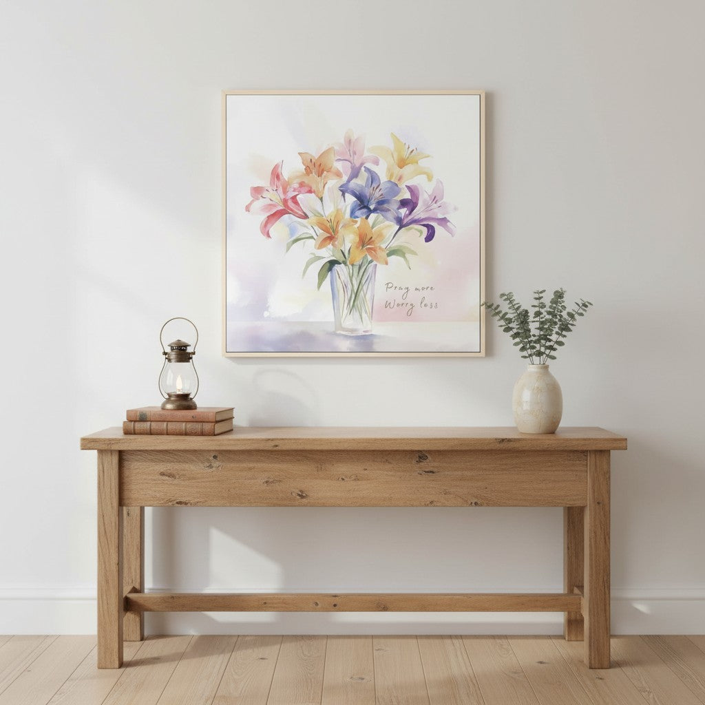 “Pray More Worry Less” watercolor lily canvas displayed above a console table, bringing calm and encouragement to home decor.