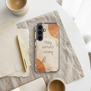 Christian Samsung Phone case with 'Pray without ceasing' text on a desk with coffee and papers