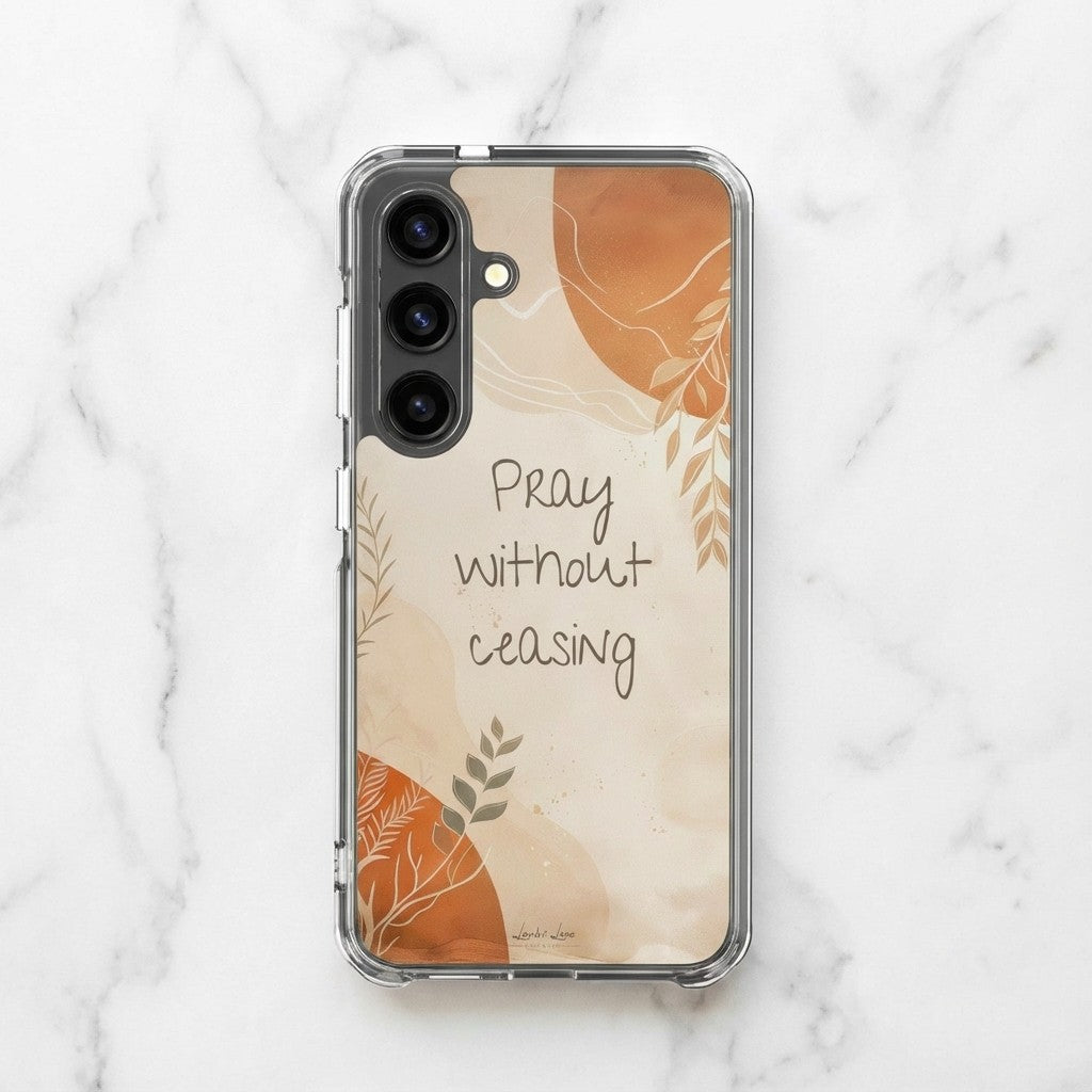 Samsung phone case with floral design and 'Pray without ceasing' text on a marble background