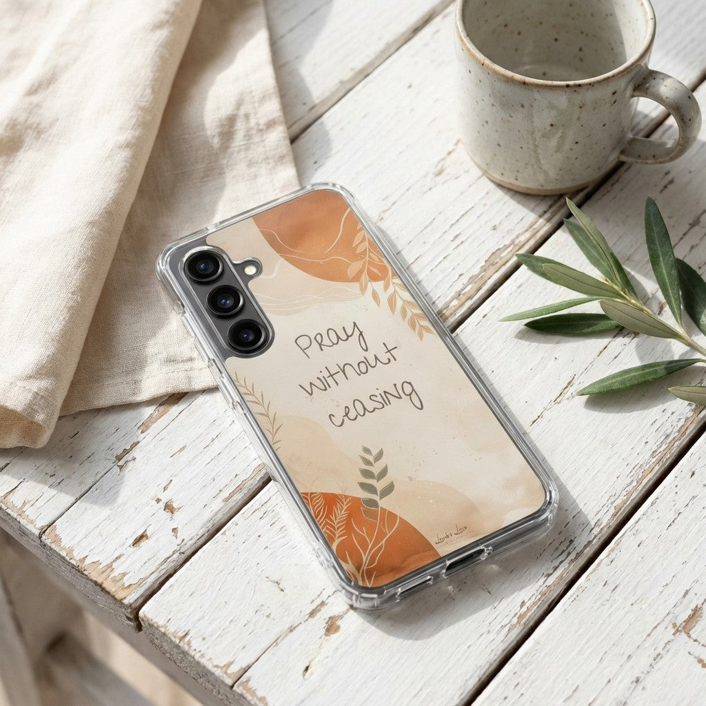 Christian Samsung phone case with 'Pray without ceasing' text on a wooden surface with a mug and plant.