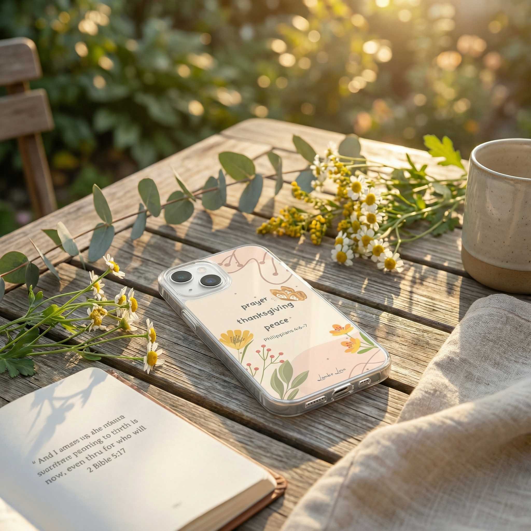 Phone case with nature design on a wooden table with flowers and book