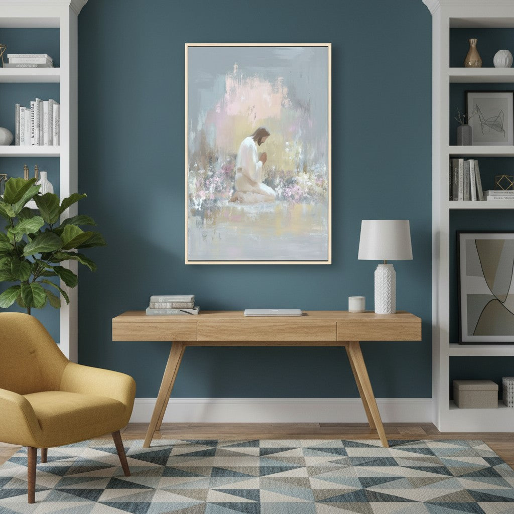 Soft watercolor artwork of Jesus kneeling in prayer hung above a bright living room couch.