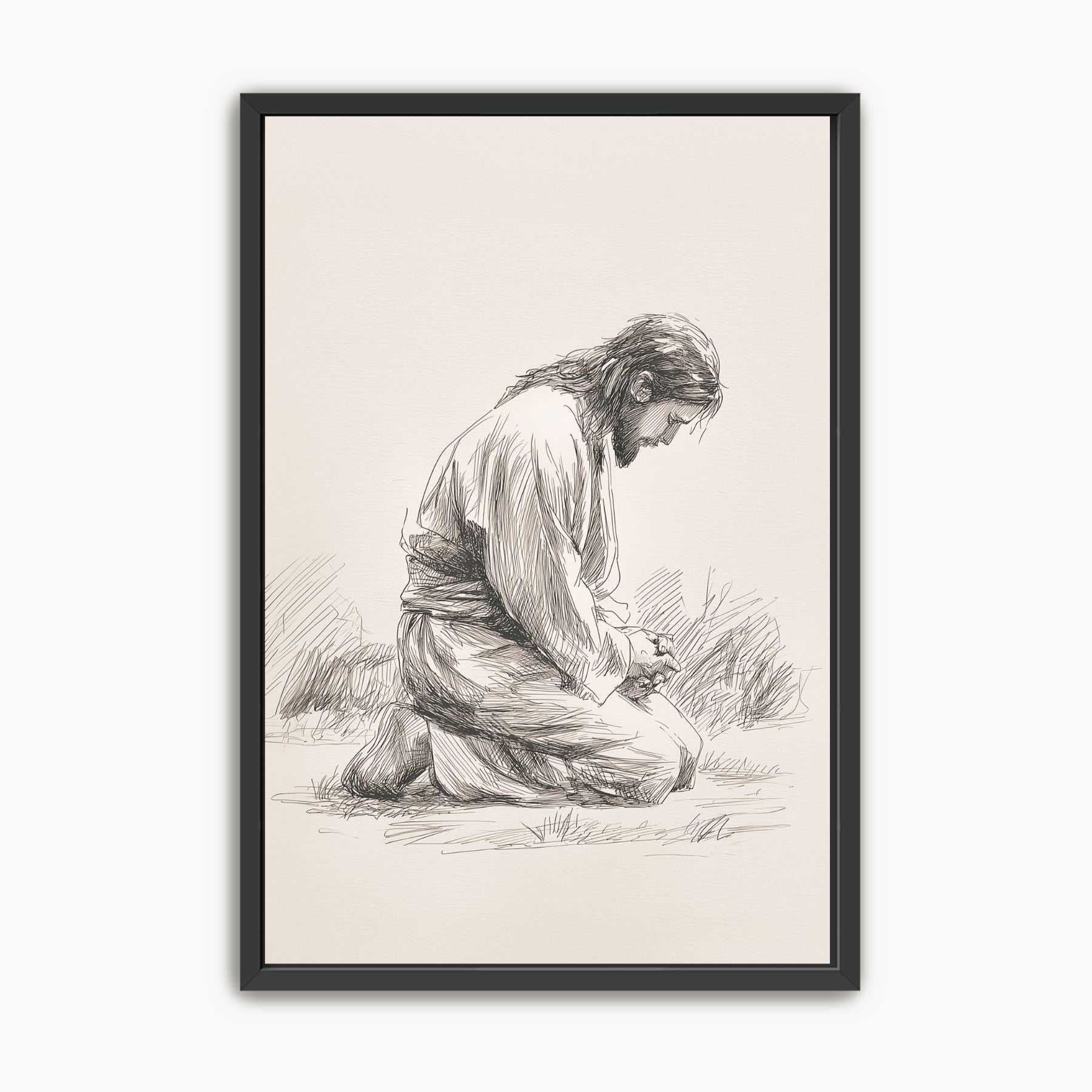 Praying Jesus Christian wall art in minimalist line art sketch style