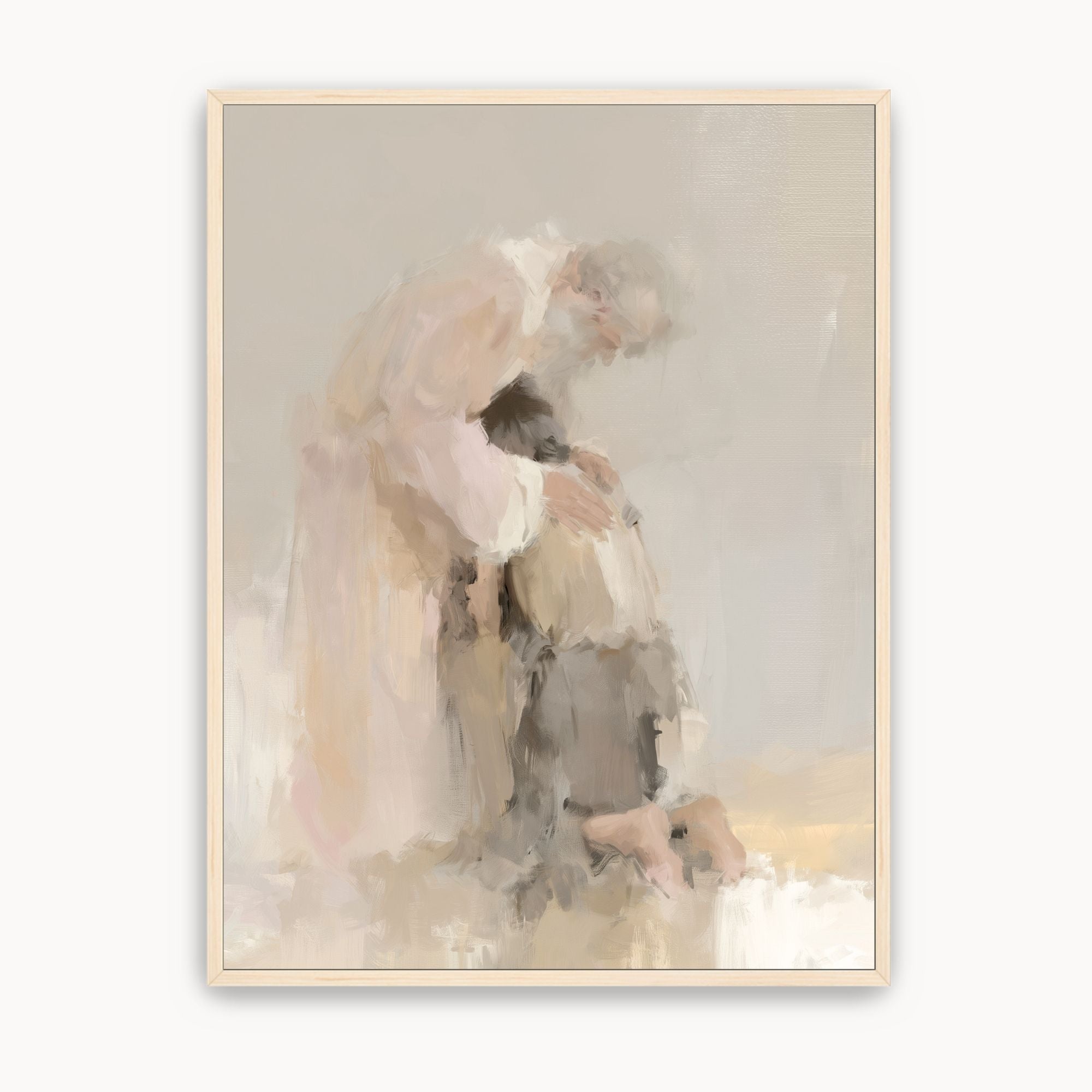 Soft watercolor Christian wall art of a father embracing his returning son, inspired by the Prodigal Son parable in Luke 15, a reminder of forgiveness and grace.