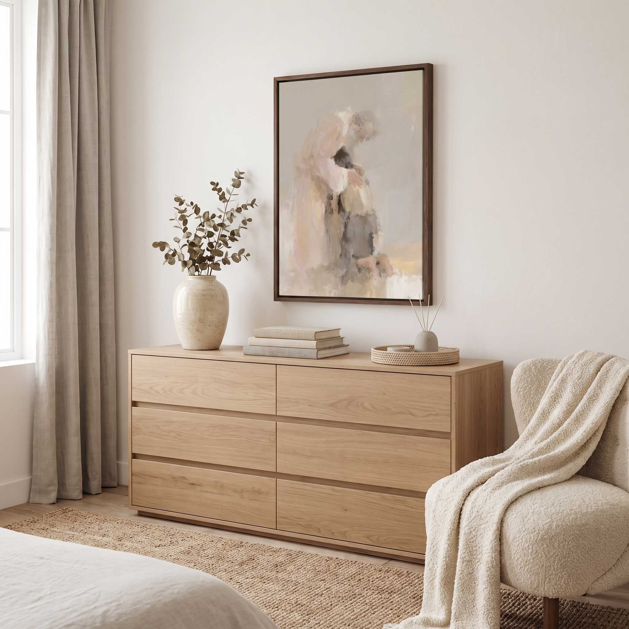 Framed Prodigal Son Christian wall art of a father embracing his returning son above a light wood bedroom dresser styled with books and a ceramic vase.