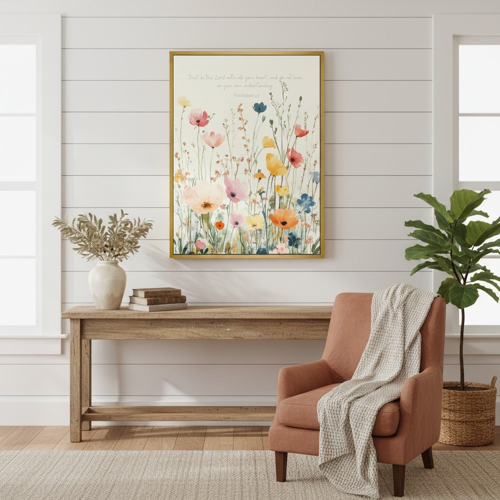 Proverbs 3:5 Trust in the Lord wall art in a farmhouse reading nook above a wood console beside a blush accent chair and potted plant.