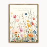 Proverbs 3:5 Trust in the Lord Christian wall art in a gold frame, featuring a colorful watercolor wildflower field and scripture quote.