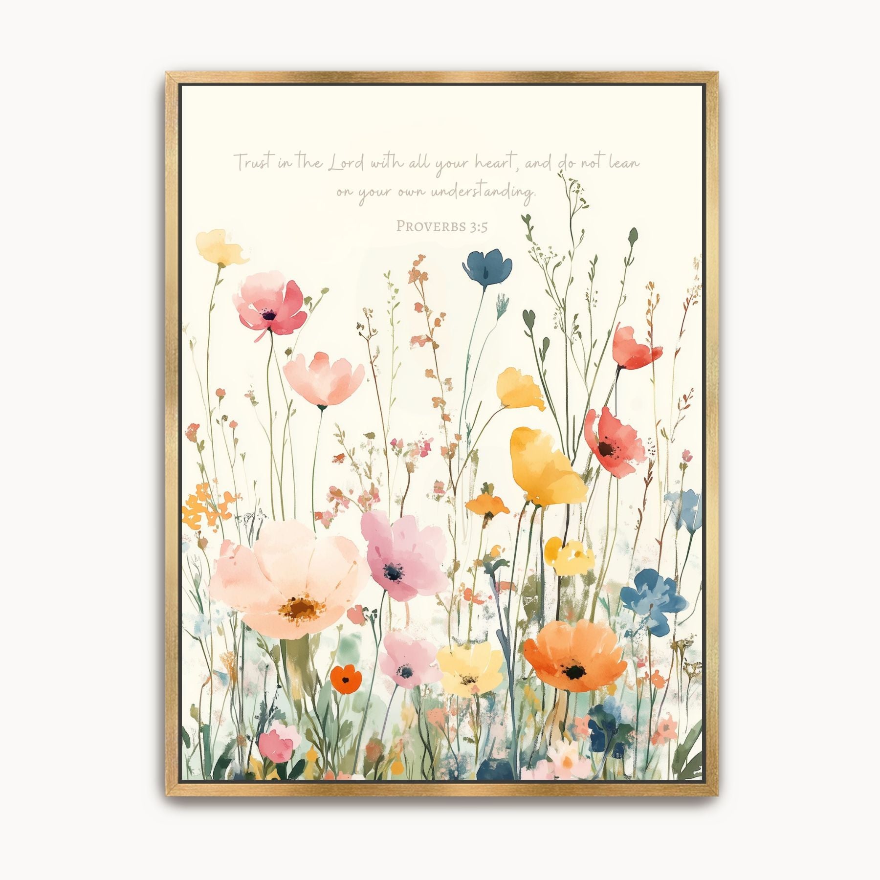 Proverbs 3:5 Trust in the Lord Christian wall art in a gold frame, featuring a colorful watercolor wildflower field and scripture quote.