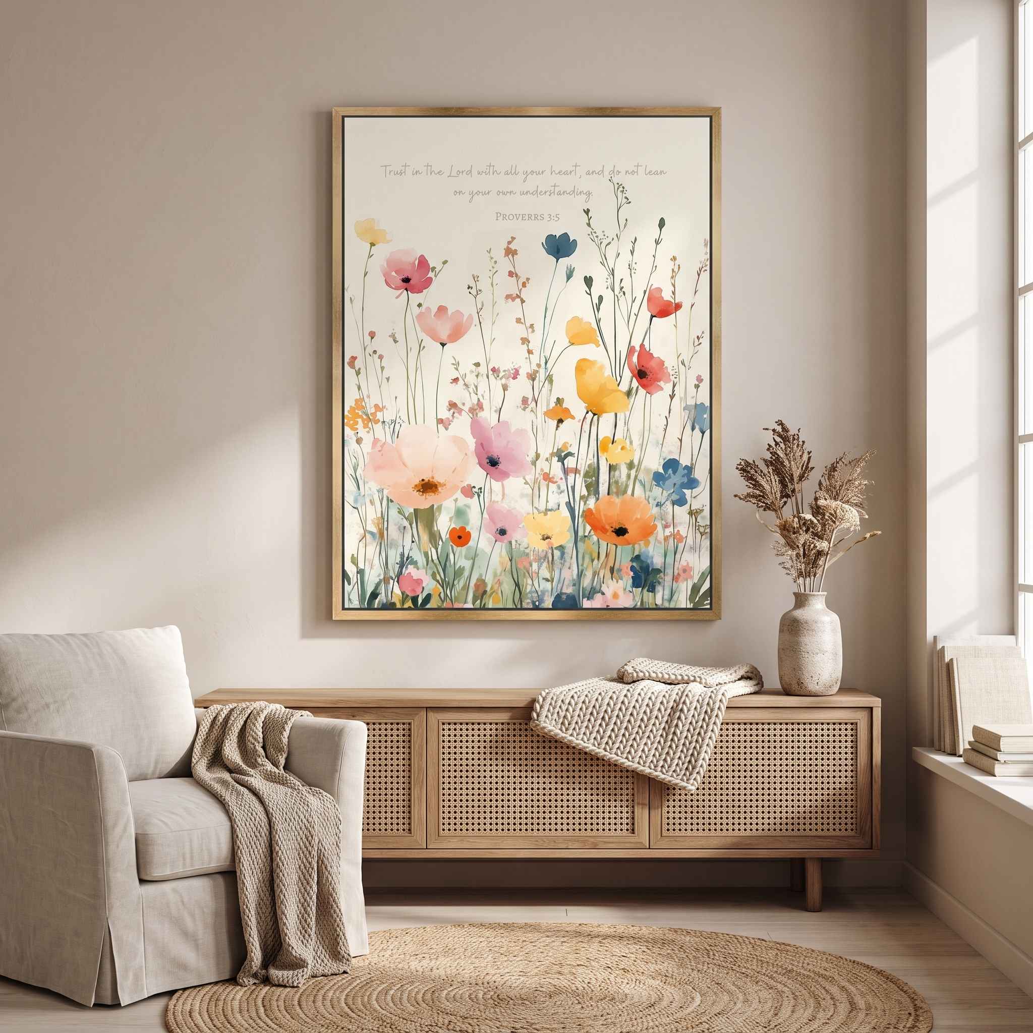 Proverbs 3:5 Trust in the Lord watercolor wall art above a woven wood sideboard in a bright living room with an armchair and decorative vase.