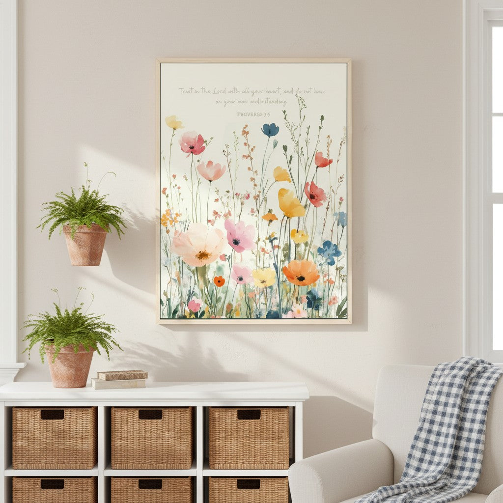 Proverbs 3:5 Trust in the Lord wall art above a white console with wicker baskets, potted ferns, and a cream accent chair.