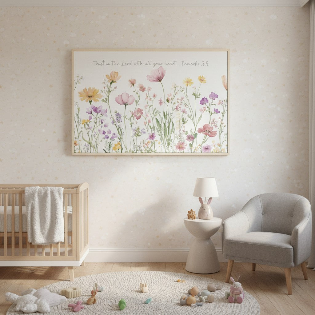 Framed Proverbs 3:5 wildflower watercolor wall art above a crib and upholstered chair in a light neutral nursery.