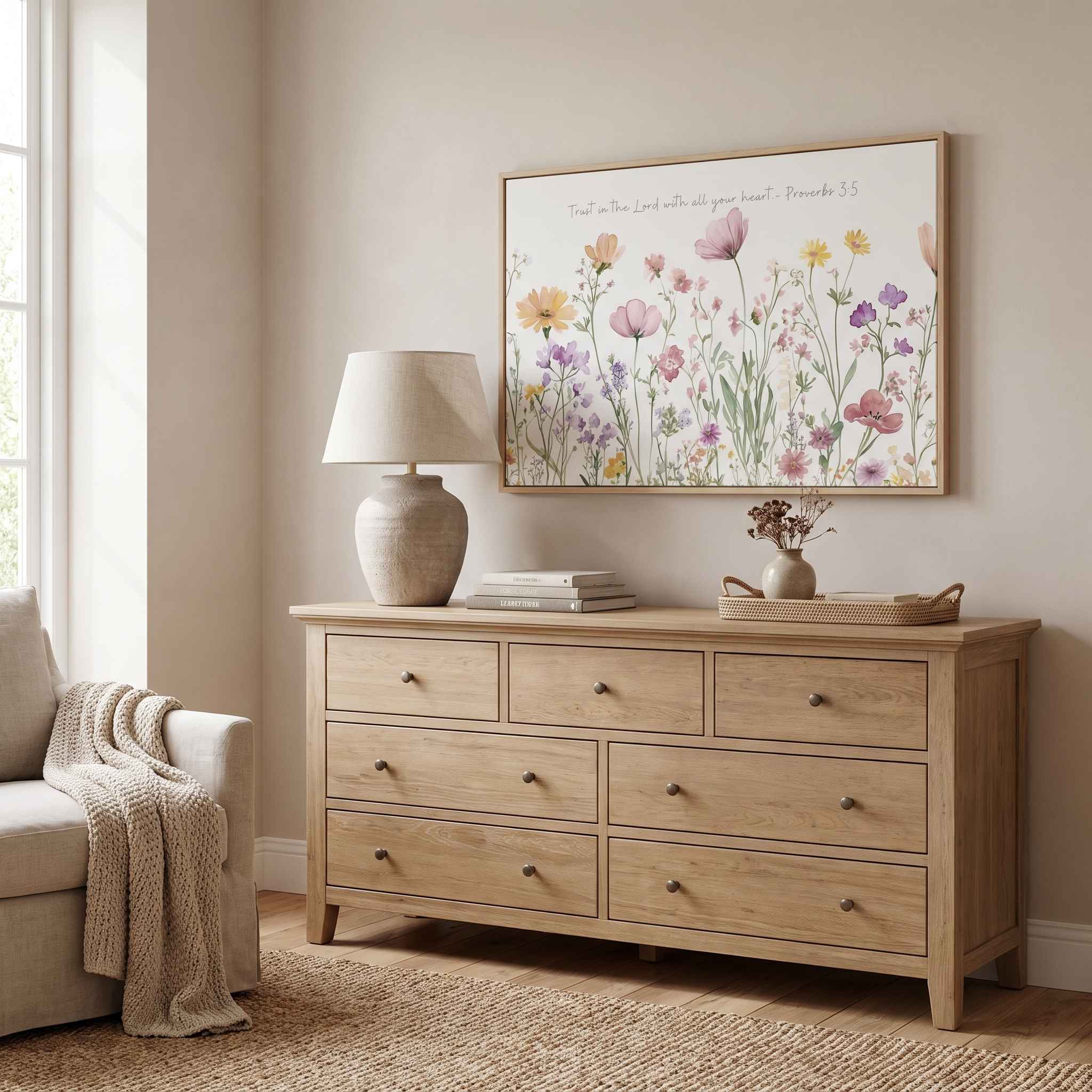 Framed Proverbs 3:5 wildflower wall art above a natural wood dresser with a lamp and books in a bright neutral room.