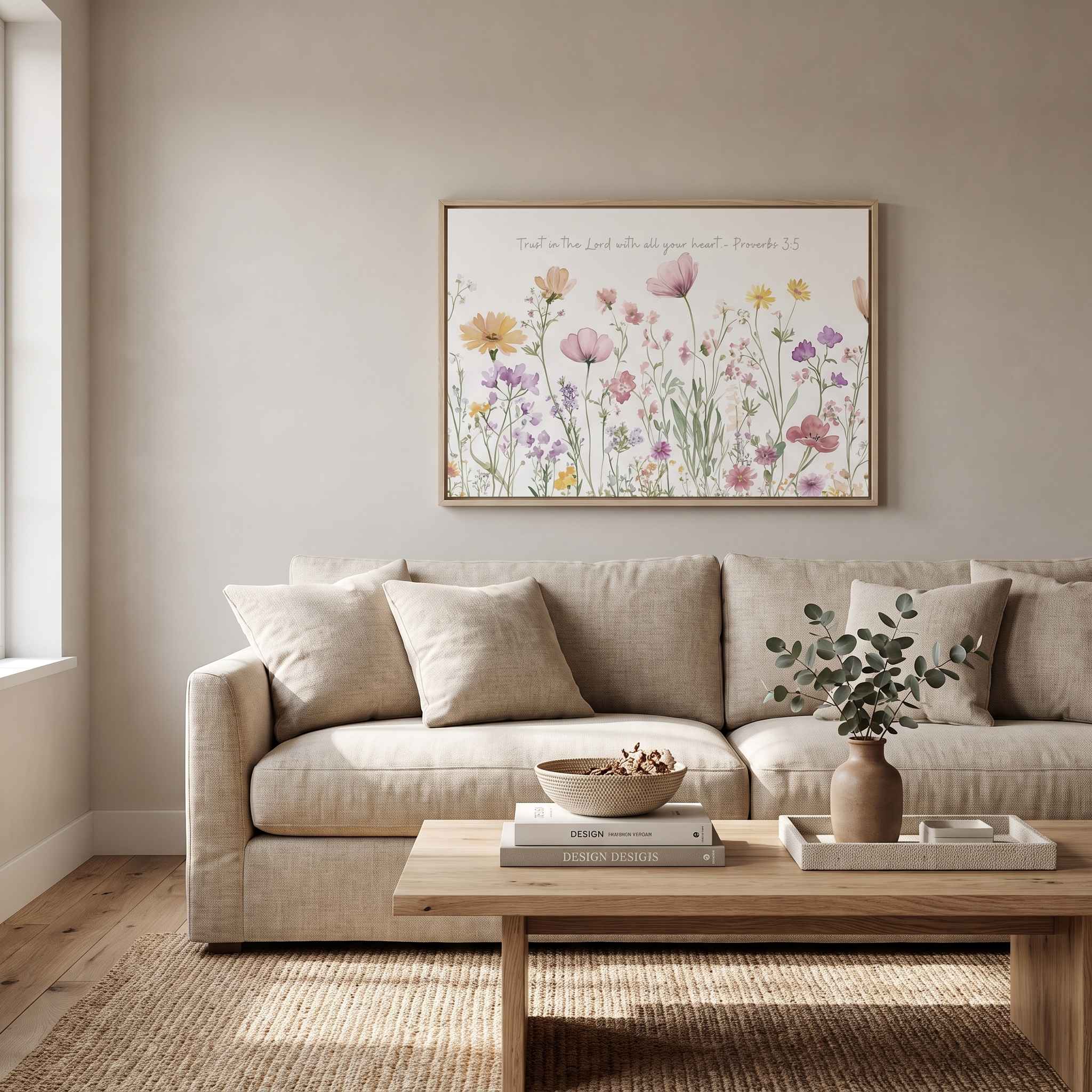 Framed Proverbs 3:5 watercolor wildflower wall art above a beige sofa in a calm neutral living room.