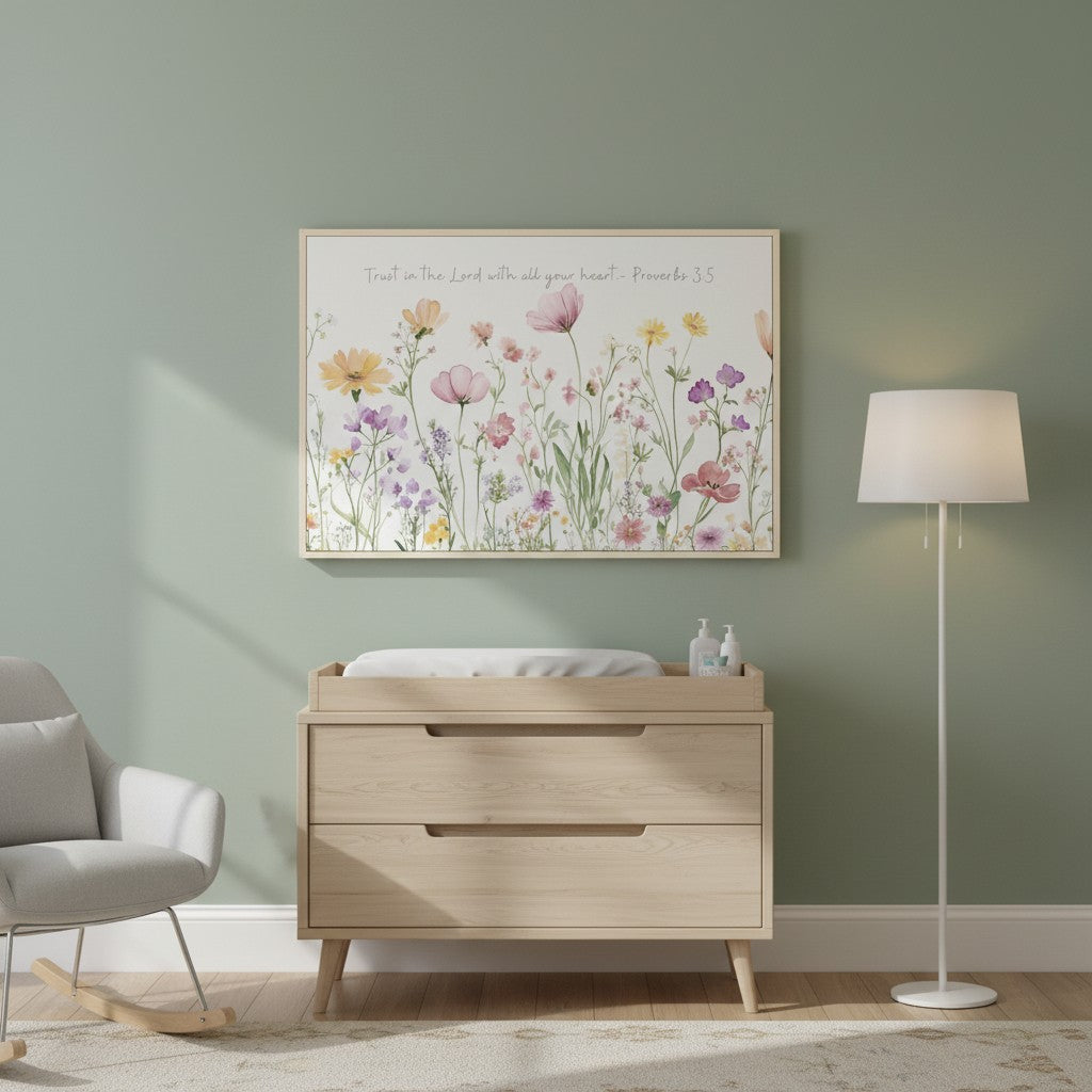Proverbs 3:5 framed wildflower wall art above a wooden changing table in a soft green nursery with a floor lamp.