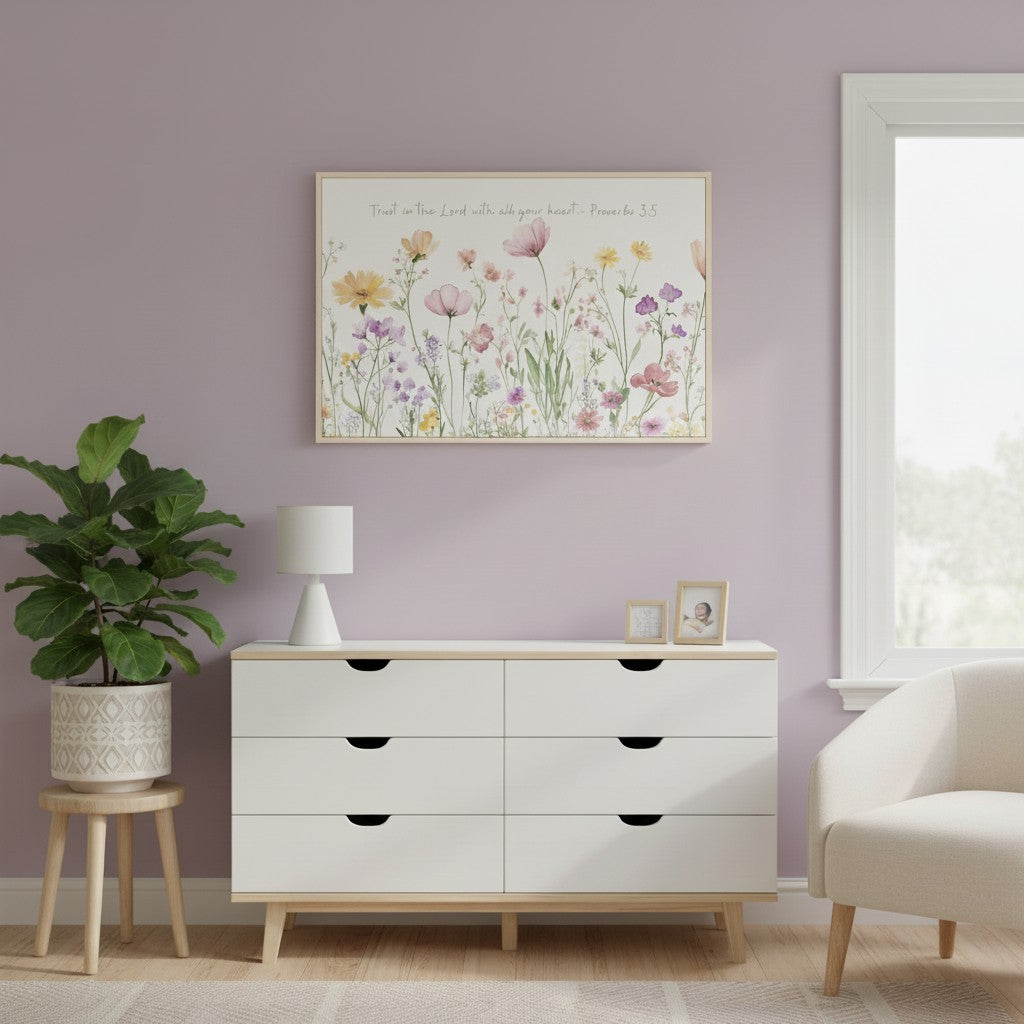 Framed Proverbs 3:5 wildflower wall art above a white dresser against a soft purple wall, styled with a potted plant and a lamp.
