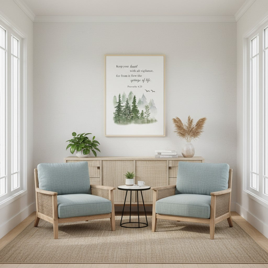 “Keep your heart with all vigilance” scripture art displayed in living room, featuring soft evergreen watercolor trees.
